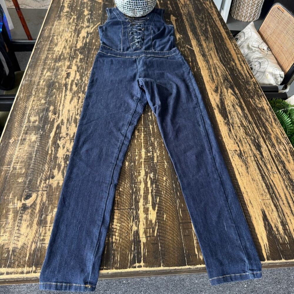 MEBON - Blue Denim Lace-Up Stretch Fitted Jumpsuit - MEDIUM - Picture 5 of 17